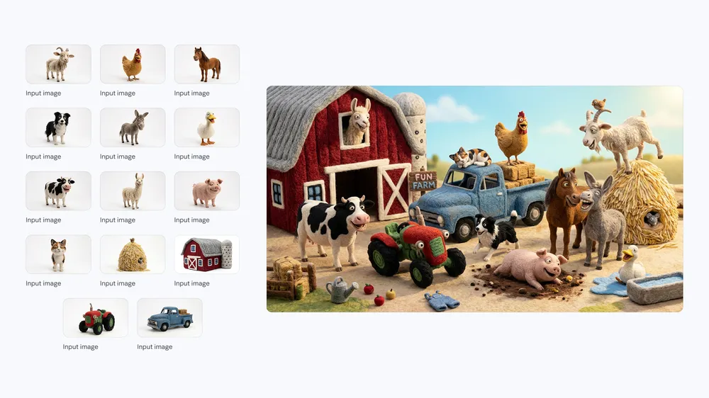Fourteen input references composited into one farm scene