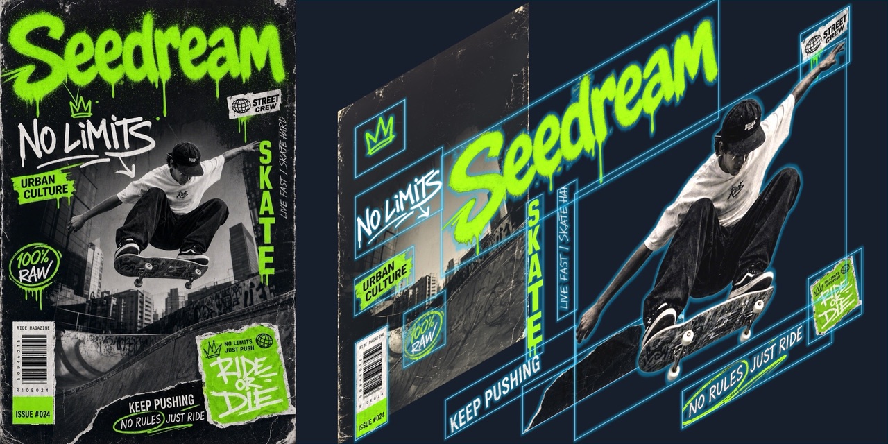 Skateboard magazine cover split into independent layers